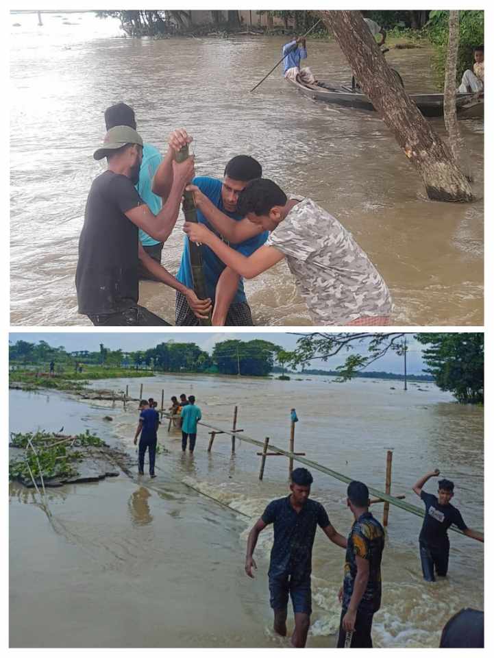 স্বেচ্ছা শ্রমে বাঁশের সাঁকো নির্মাণ
