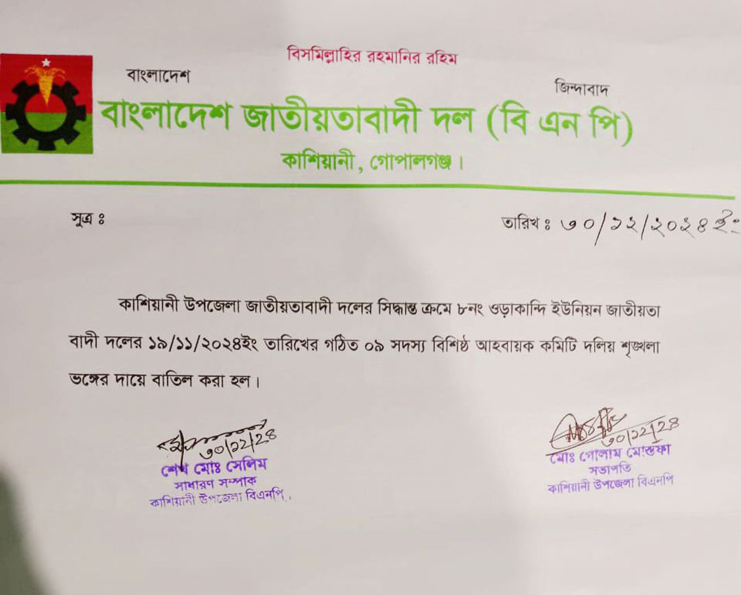 দলীয় শৃঙ্খলা ভঙ্গের দায়ে ইউনিয়ন বিএনপি’র আহবায়ক কমিটি বাতিল